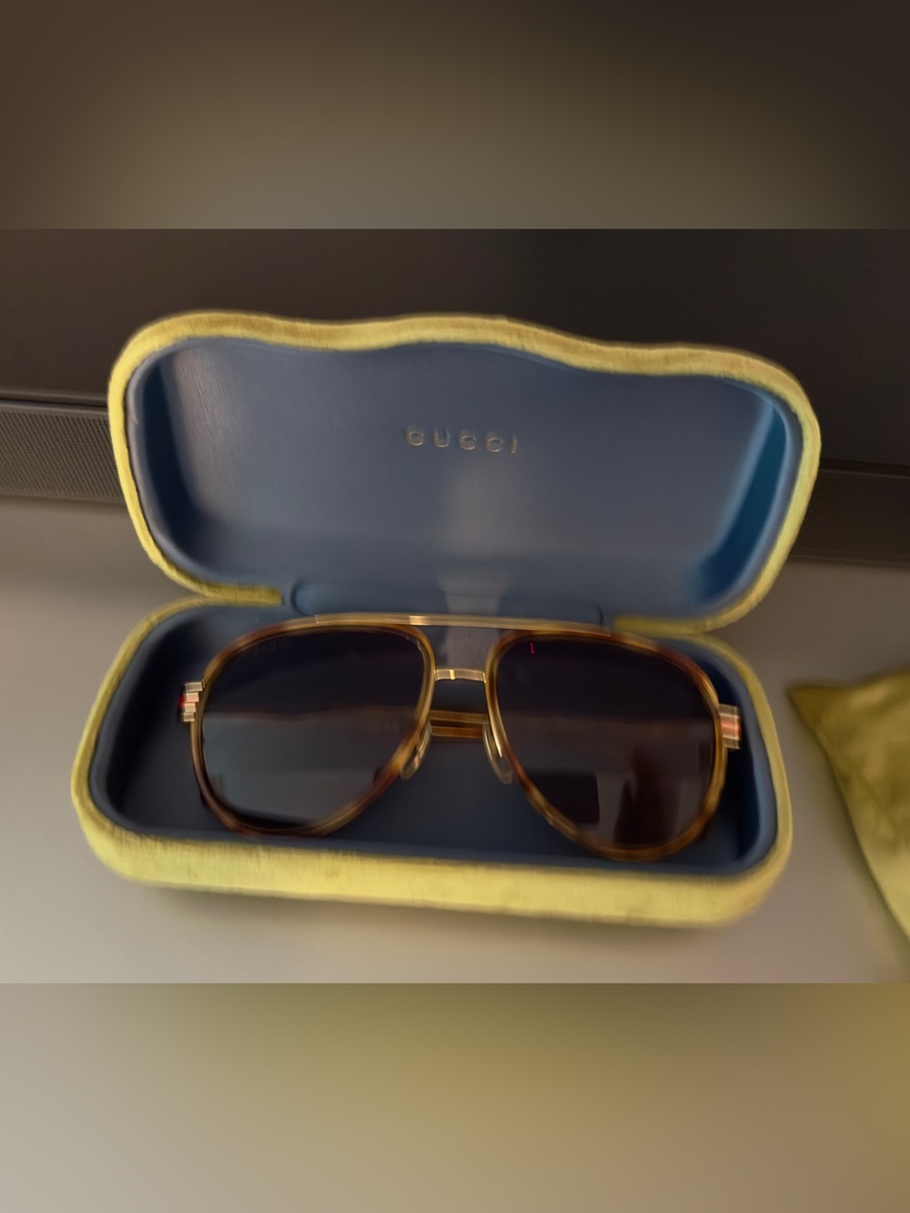 Gucci Tortoiseshell Frame Sunglasses with Dark Gray Lenses and Red Accent